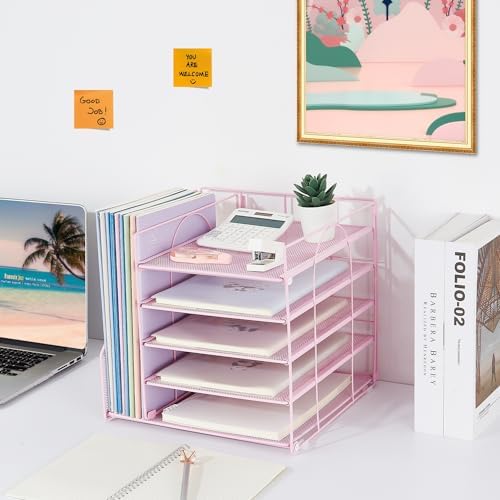 LEKETREE Desk Organizers and Accessories, 5-Tier Paper Letter Tray Organizer with File Holder, Desktop Organizer for Office Supplies (Pink) - Image 6