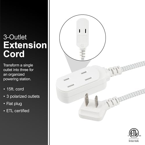 GE Indoor Flat Plug Extension Cord 15 Ft, 3-Outlet Braided Extension Cord - Image 2