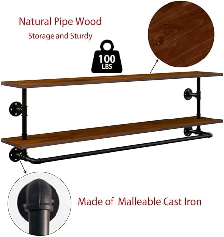 Clothes Rack 48in, Wall Mounted Garment Rack with Real Walnut Wood Shelf, Heavy Duty Hanging Clothes Rack, Multi-Purpose Hanging Rod, Space-Saving Closet Storage (Walnut, 2T48IN) - Image 3