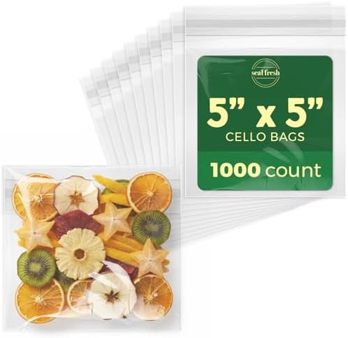 Seal Fresh Self Sealing Cellophane Bags - 5" x 5" (1000 Count) - Clear Plastic Resealable Cello Bag - Cellophane Treat Bags, Cookie Bags for Packaging, Candy bags, Cello Bags, Pastry Bags by SealFresh