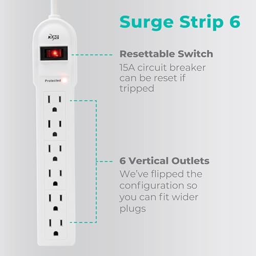 KMC 6-Outlet Surge Protector Power Strip 2-Pack, Overload Protection, 4-Foot Cord, 900 Joule - White - Image 2