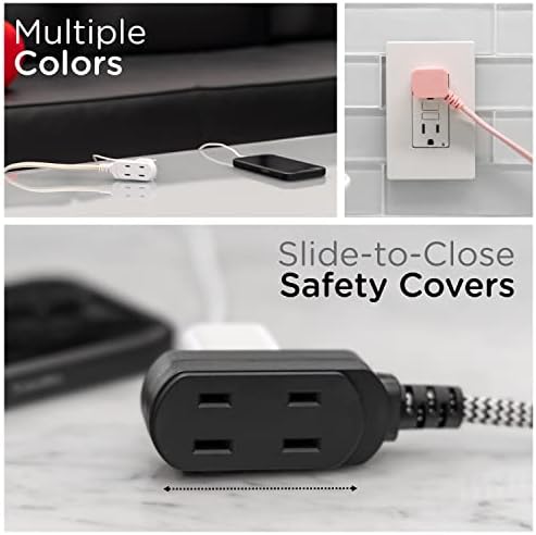 Cordinate Designer 3-Outlet Extension Cord, 2 Prong Power Strip, Extra Long 8 Ft Cable with Flat Plug, Braided Chevron Fabric Cord, Slide-to-Lock Safety Outlets, Black/White, 39984 - Image 6