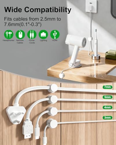 OneLeaf 12 Pack Spring Cable Clips for Phone Charger, One-Hand Cord Holder for Nightstand & Desk, Rotatable Desk Cable Management with Strong Adhesive, White - Image 6