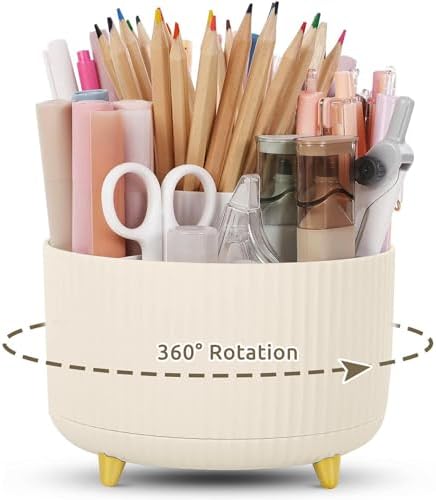 KONVINIT Pencil Pen Holder for Desk, 5 Slots 360 - Degree Rotating Desktop Organizer, Cute Desk Organizers and Accessories for School, Home, Office and Art Supply, Beige by KONVINIT
