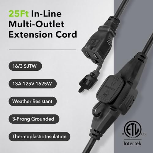BN-LINK 25 ft Outdoor Extension Cord w/3 Inline Outlets 16/3 Gauge, SJTW for Landscaping & Holiday Decorations, Grounded, ETL Listed(Black) - Image 4