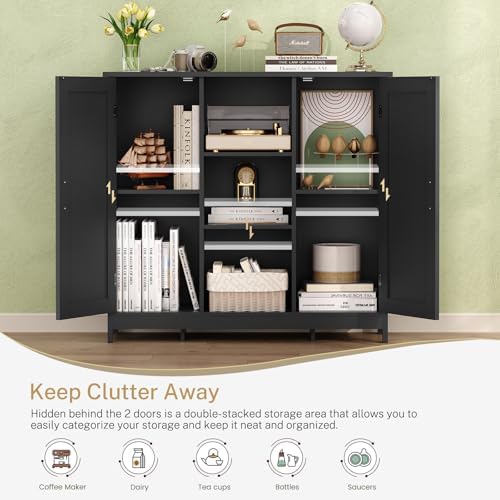 Iwell Storage Cabinet with 2 Doors and 4 Storage Shelves, Bathroom Cabinet, Cupboard for Living Room, Home Office, Entryway, Black - Image 5
