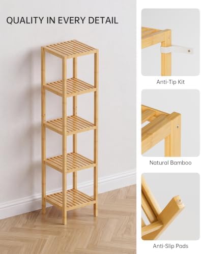 SMIBUY Bathroom Storage Shelf, 5-Tier Bamboo Rack Organizer, Multifunctional Shelving Unit for Living Room Bedroom Kitchen (Natural) - Image 5