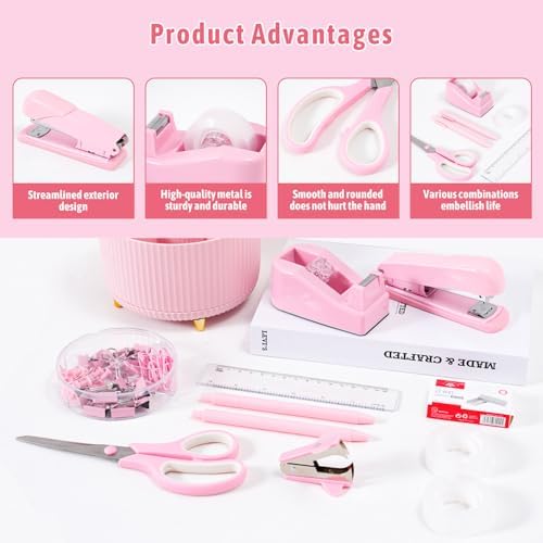Gawsey Pink Desk Organizers and Accessories with Desk Organizer 360° Rotating Pen Holder and Office Supplies, Cute Stationery Supplies Set - Image 6