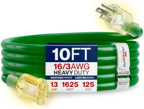 10ft Outdoor/Indoor Extension Cord 16/3 Gauge Heavy Duty 3 Prong SJTW, Waterproof, Flexible Cold-Resistant Long Power Cord,13A 125V 1625W, Green by LifeSupplyUSA by LifeSupplyUSA
