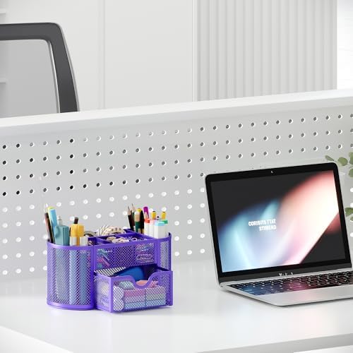EasyPAG Mesh Pen Holder Desk Organizer with Drawer Stationery Supplies Organizer for Dorm School 9 Compartments Workspace Desk Accessories Organization for Office, Purple - Image 6