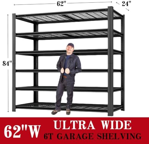 6-Tier Heavy Duty Garage Shelving, 6,000 lbs Capacity Adjustable Metal Storage Shelving Unit for Garage, Basement, Warehouse & Workshop, 62" W x 24" D x 84" H - Image 3