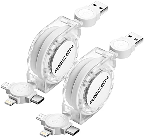 3 in 1 Retractable Multi Charging Cable, 2Pack Multi Fast Charging Cord Retractable Charger Data Sync Cable with iPhone/Type-C/Micro USB Ports for Cell Phones, iPhone Series, Galaxy Series,PS,Tablets by ASICEN