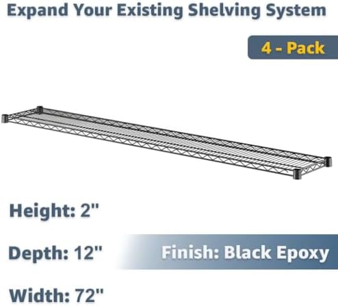12"x72" Metal Wire Shelves 4-Pack Black, NSF Commercial Kitchen Storage Rack Replacement - Image 2