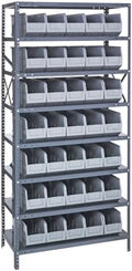 Quantum 1275-441GY Heavy Duty Shelving Unit with (8) Shelves and (35) SSB441 Gray Bins for Garage Warehouse Storage Distribution | 400 lb Load Capacity | 12"D x 36"L x 75"H, Galvanized Carbon Steel by QuantumStorageSystems