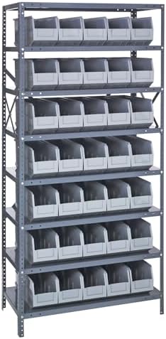 Quantum 1275-441GY Heavy Duty Shelving Unit with (8) Shelves and (35) SSB441 Gray Bins for Garage Warehouse Storage Distribution | 400 lb Load Capacity | 12"D x 36"L x 75"H, Galvanized Carbon Steel by QuantumStorageSystems