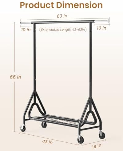 Heavy Duty Garment Rack, Metal Clothes Rack Load 450 LBS, Rolling Clothing Racks for Hanging Clothes with Lockable Wheels, Wardrobe Closet Coat Racks for Bedroom, Black - Image 7