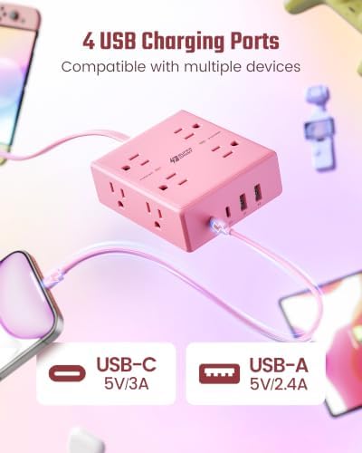 SUPERDANNY Pink Extension Cord 10Ft, Flat Plug Power Strip Surge Protector - Image 5