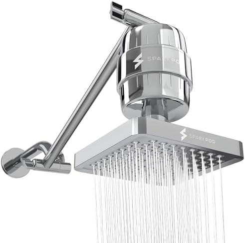 SparkPod 6" High Pressure Rain Shower Head with 23 Stage Filter Capsule & 11 Inch Adjustable Shower Arm Extension -Shower Filter Reduces Chlorine for Smoother Hair & Skin (Square, Polished Chrome) by SparkPod