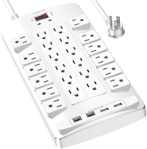 QINLIANF Surge Protector Power Strip - 6Ft Flat Plug Heavy Duty Extension Cord with 24 Outlets and 4 USB Ports(2 USB-C Ports), 4100J, for Home, Office, Dorm, ETL Listed, White by QINLIANF