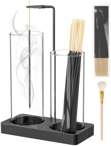 2 in 1 Incense Holder for Sticks with Glass Jars, Upside Down Anti-Ash Incense Stick Burner for Outdoor Patio, Vertical Incense Holder with Storage for Home Decor Spa Meditation and Black by Unknown