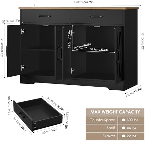 HOSTACK 47" W Kitchen Sideboard Buffet Cabinet with Storage Drawers, Black - Image 3