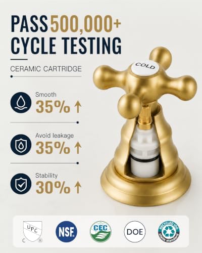 gotonovo Bathroom Faucet 3 Hole Vintage, Brushed Gold, Hot Cold Label - Image 4