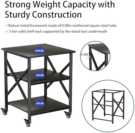 Printer Stand, 23.6 x 23.6 Inches Large Printer Stand with Adjustable Storage Shelf, 3 Tier Printer Table for Home Office, Rolling Printer Cart with Industrial Wheels, Mini Fridge Stand Table, Black - Image 4