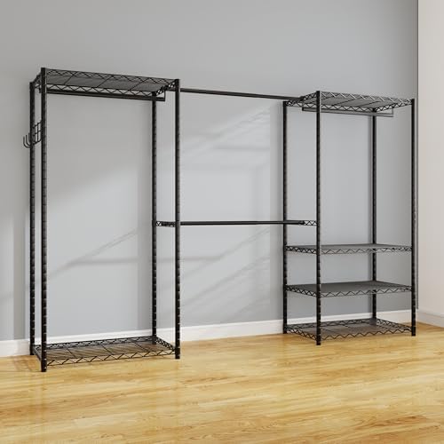 ecobedding Heavy Duty Garment Rack, 900LBS Max Load Freestanding Closet Organizer with 6 Storage Shelves & 3 Adjustable Hanging Rods, Multifunctional, Glossy Black, 15.75" D x 70-88.5" W x 76.5" H - Image 2