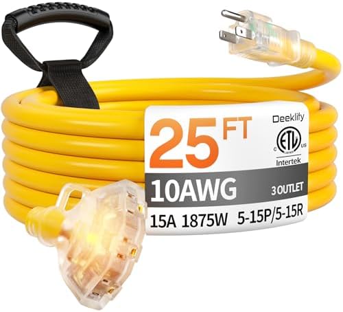 25FT 10 Gauge Extension Cord with Multiple Outlets Yellow Outdoor by Deeklify