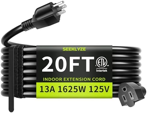 16/3 Black 20 FT Extension Cord Indoor for Appliances by Seeklyze