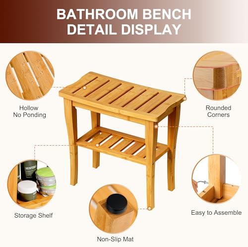 Bamboo Shower Bench Stool with Storage Shelf, Waterproof Shower Chair Spa Bath Seat, Shower Stool for Inside Shower, Bathroom Bench Seat for Adults Elderly Seniors for Indoor or Outdoor Use - Image 3