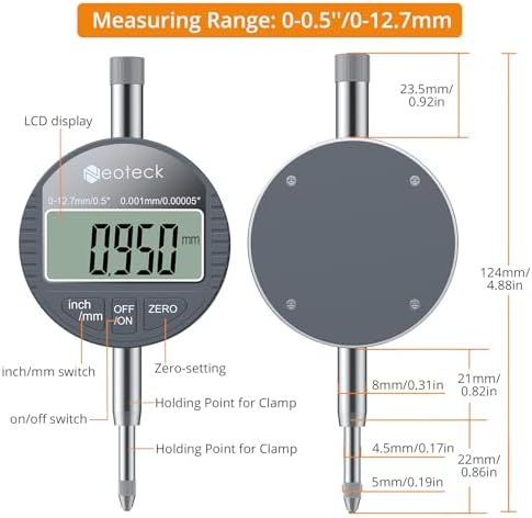 Neoteck 12.7mm/0.5" Digital Dial Indicator with 0.001mm/0.00005" Resolution - Image 6