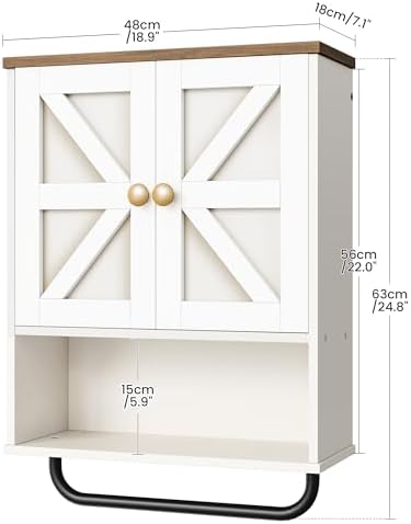 CHOEZON Bathroom Wall Cabinet, Medicine Cabinet with Open Partition and Towel Bar, Rustic Storage Cabinet with Open and Hidden Storage Space, for Bathroom, Living Room, Kitchen, White and Walnut - Image 3