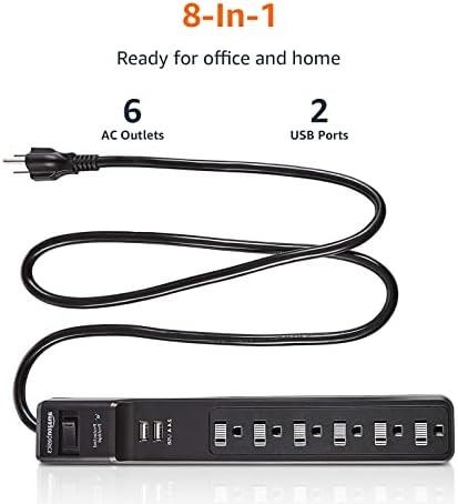 Amazon Basics Surge Protector Power Strip with 6 Outlets, 2 USB Ports, 1000 Joule, 6-Foot Cord Length, Black - Image 2