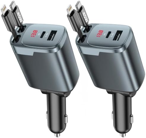 2 Pack 84W Retractable Car Charger, 4-in-1 Car Adapter USB C Fast Charging by Estbuc