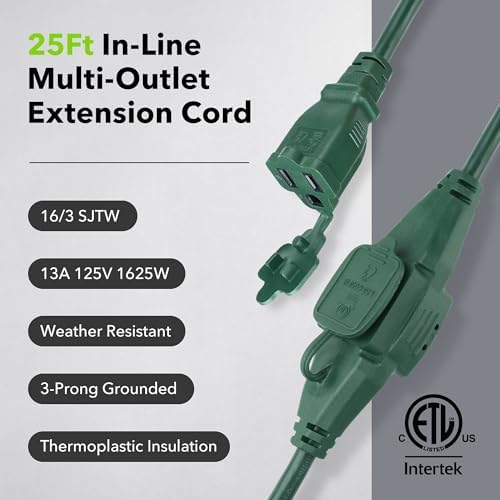 BN-LINK 25 ft Outdoor Extension Cord w/3 Inline Outlets 16/3 Gauge, SJTW Green for Landscaping & Holiday Decorations, Grounded, ETL Listed - Image 4