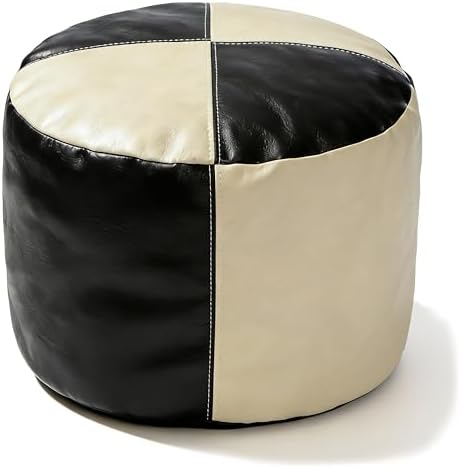 Thgonwid Unstuffed Faux Leather Pouf Cover, Handmade Footstool Ottoman Storage Solution, Floor Footrest Cushion - 16.5”Dx12”H, Black & White by Thgonwid