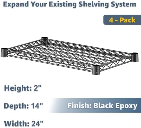 14"x24" Black Wire Shelf 4-Pack, Kitchen Pantry & Garage Storage Rack Add-On Shelving Unit - Image 2