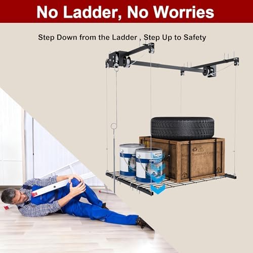 Montary 4x4 FT Overhead Garage Storage Rack for 10-12 FT Ceiling, Adjustable Ceiling Lifting Storage Rack with Safety Lock, 250LBS Capacity All-Steel Heavy-Duty Garage Lifting Organizer - Image 7