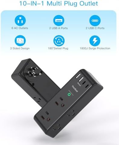 Surge Protector Outlet Extender, Multi Plug Wall Outlet,Rotating Plug,Black - Image 2