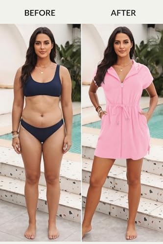 Womens Terry Cloth Cover Up Hooded Swim Cover with Zipper and Pocket - Image 5