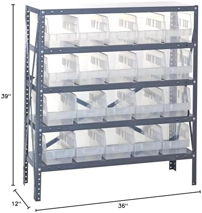 Quantum 1239-202CL Heavy Duty Shelving Unit with (5) Shelves and (20) Clear Bins QSB202 for Garage Warehouse Storage Distribution | 400 lbs Load Capacity | 12"D x 36"L x 39"H, Galvanized Carbon Steel - Image 2