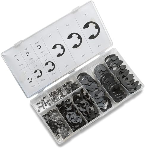 NEIKO 50455A E-Clip Assortment Set | 300 PCS, 9 SAE Sizes, Heat Treated External Retaining Clips, 1/16" - 7/8 Inch | High Carbon Steel Circlip Kit, Anti Walk Washers, Retaining Rings by NeikoTools