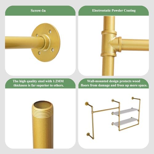 Industrial Pipe Clothing Rack Wall Mounted with 2 Wood Shelves, Heavy Duty Double Rod Garment Rack for Bedroom, Laundry Room & Retail Store, Gold, 59 Inch - Image 4