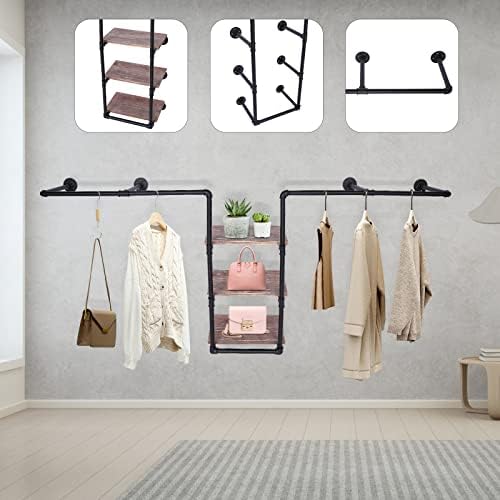 Wall-Mounted Clothing Rack, Industrial Pipe Clothing Rack with 3 Tiers Wood Shelf, Heavy Duty Rustic Garment Hanging Bar, 86.6"L X 37.4"W X 10.6"H Multi-Purpose Storage Rack for Home Clothing Store - Image 6