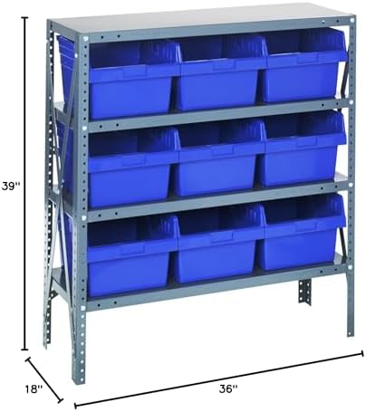 Quantum 1839-SB810BL Heavy Duty Shelving Unit with (4) Shelves and (9) QSB810 Blue Bins for Garage Warehouse Storage Distribution | 400 lb Load Capacity | 18"D x 36"L x 39"H, Galvanized Carbon Steel - Image 2
