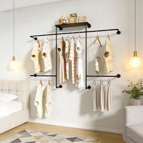 Merapi Industrial Pipe Clothing Rack, Wall Mounted Heavy Duty Garment Rack with Wood Shelf, Double Hanging Rod Vintage Organizer for Walk-in Closet, Laundry Room & Retail Store Display (Black) by Merapi