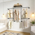 Merapi Industrial Pipe Clothing Rack, Wall Mounted Heavy Duty Garment Rack with Wood Shelf, Double Hanging Rod Vintage Organizer for Walk-in Closet, Laundry Room & Retail Store Display (Black) by Merapi