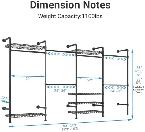 Timate F4 Wall Mounted Clothes Rack Industrial Pipe Clothing Rack for Hanging Clothes, Expandable Garment Rack Heavy Duty Wardrobe Closet Organizer and Storage, Black Adjustable Industrial Closet Kit - Image 4