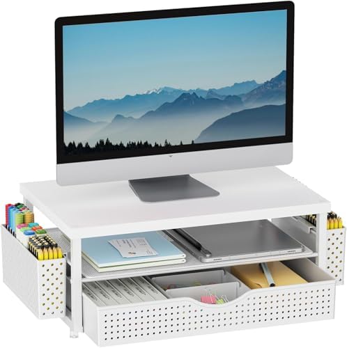 gianotter Desk Organizers and Accessories, Monitor Stand with Drawer and 2 Pen Holder, Desktop Organizer Suitable for Offices and Dormitories (Matte White) by gianotter